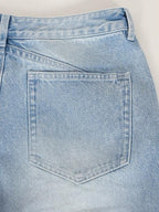 audreyyang High Waist Water Washed Light Blue Zipper Fly No Stretch Women Wide Leg Jeans