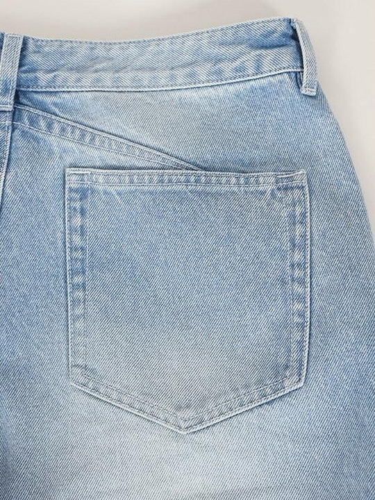 audreyyang High Waist Water Washed Light Blue Zipper Fly No Stretch Women Wide Leg Jeans