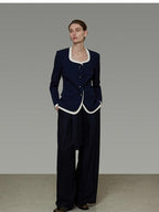 unspoken Durable Shape Loose Office Button Flap Pocket Women Navy Cropped Jackets
