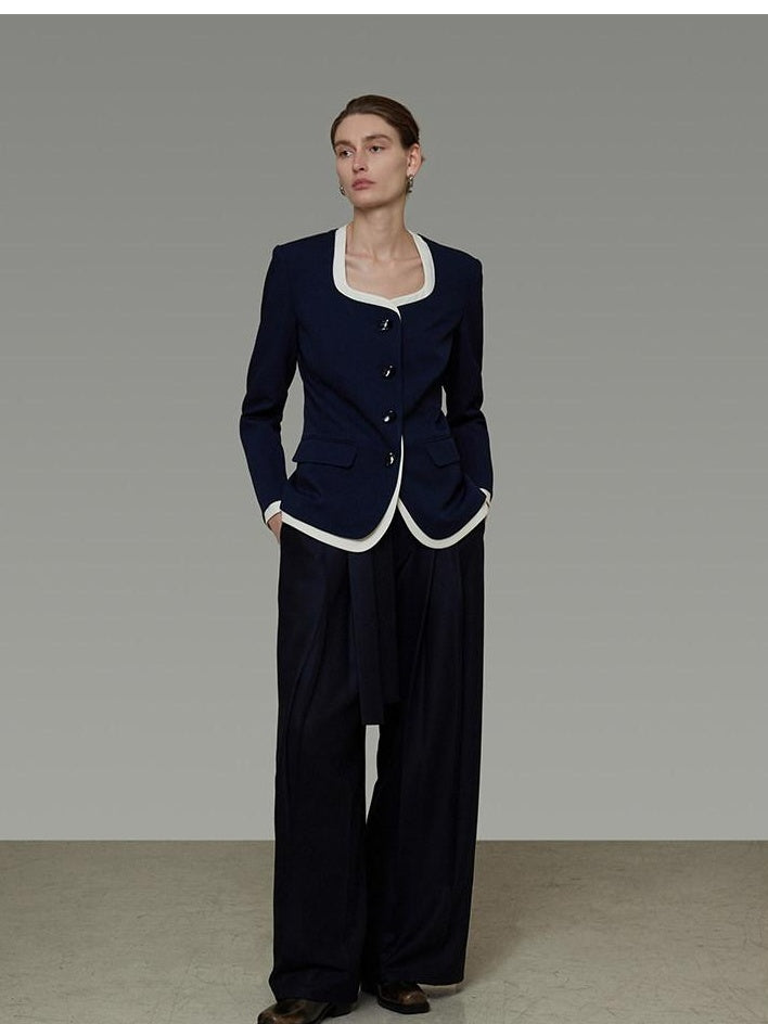 unspoken Durable Shape Loose Office Button Flap Pocket Women Navy Cropped Jackets