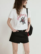 fano Cotton Blend Korean Loose Fit Crewneck Women White Printed Short Sleeve T-Shirts