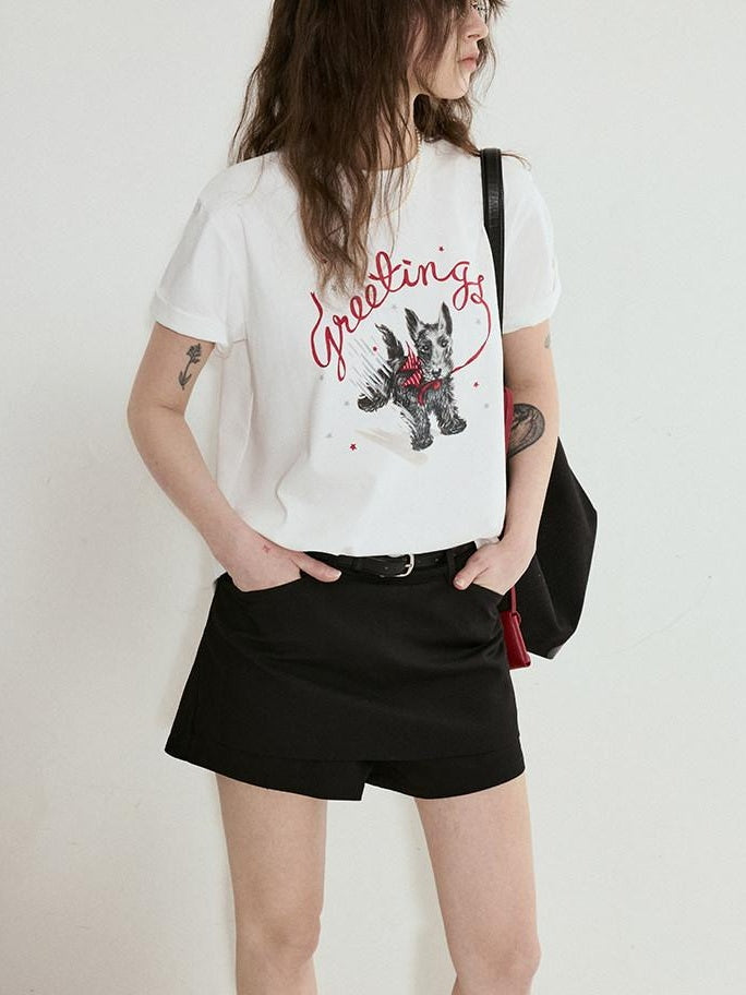 fano Cotton Blend Korean Loose Fit Crewneck Women White Printed Short Sleeve T-Shirts