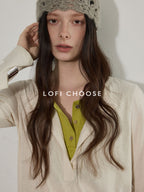 Lofi choose Soft Cotton Blend Faux Layered Loose Fit Women Beige Long Sleeve T-Shirts