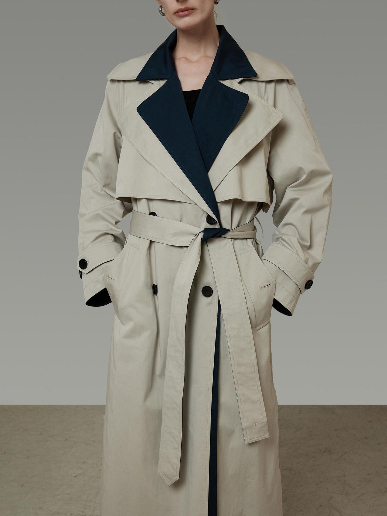 unspoken Minimalist Double Breasted Long Straight Workwear Beige Navy Trench Coats