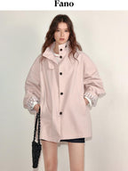 fano Peach Pink Cotton Lined Korean Loose Short Single Breasted Women Trench Coats