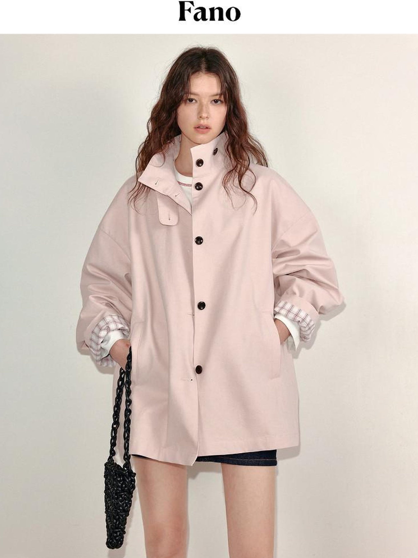 fano Peach Pink Cotton Lined Korean Loose Short Single Breasted Women Trench Coats