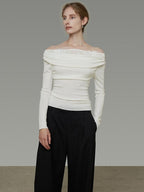 unspoken Soft Breathable Knit One Shoulder Slim Fit Office White Long Sleeve Blouses
