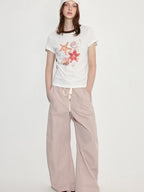 fano Pink Cotton Blend Drawstring Natural Waist Loose Korean Office Wide Leg Pants