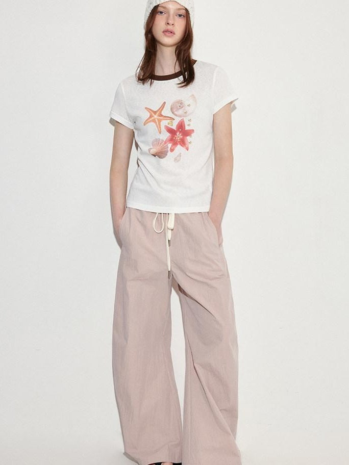 fano Pink Cotton Blend Drawstring Natural Waist Loose Korean Office Wide Leg Pants