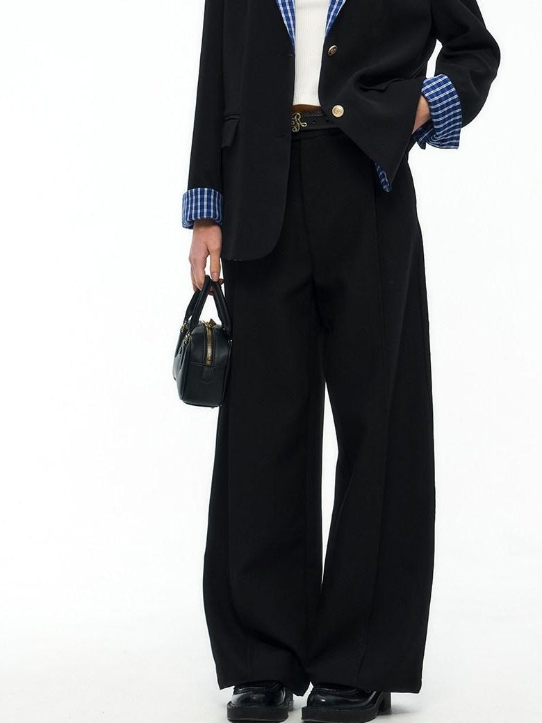 ikyou High Waist Straight Zipper Cotton Blend Commuter Black Wide Leg Pants