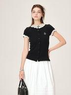 ikyou Cotton Stretch Slim Polka Dot Ruffle Women Short Sleeve Buttoned Knit Cardigans