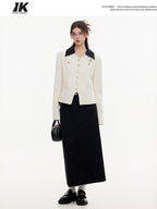 ikyou High Waist Embroidered A Line Casual Commuter Black Polyester Midi Skirts