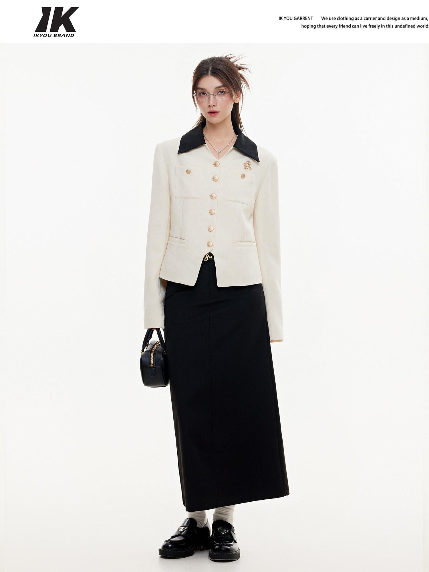 ikyou High Waist Embroidered A Line Casual Commuter Black Polyester Midi Skirts