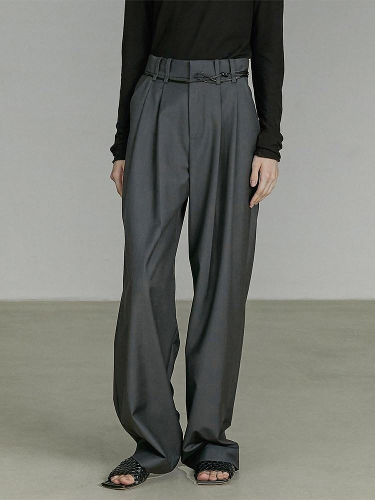 unspoken Belted Natural Waist Minimal Office Chic Deep Gray Women Wide Leg Pants