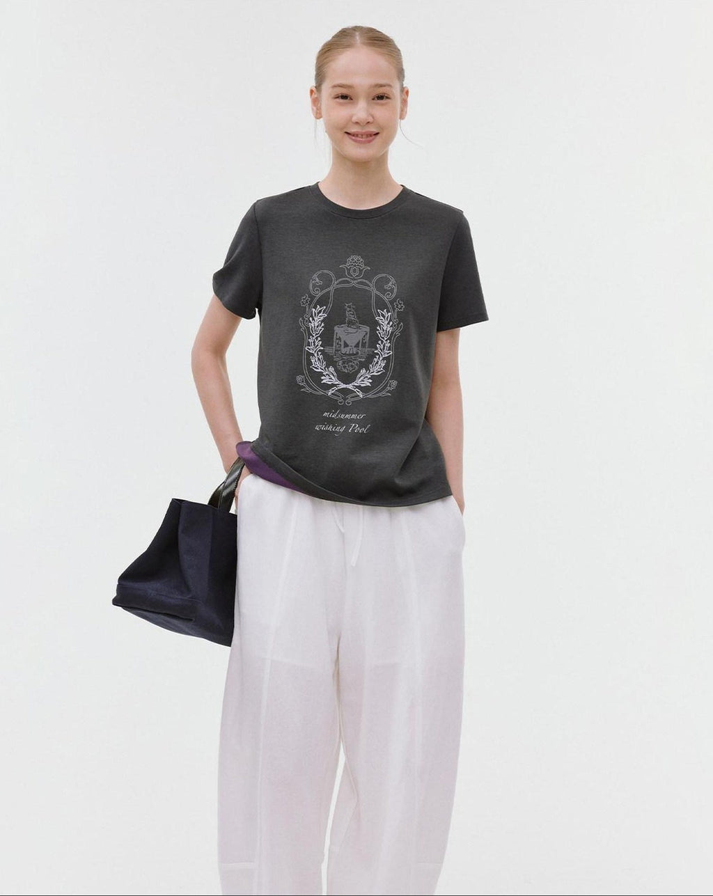 fano Soft Polycotton Korean Loose Fit Crew Neck Dark Gray Print Short Sleeve T-Shirts