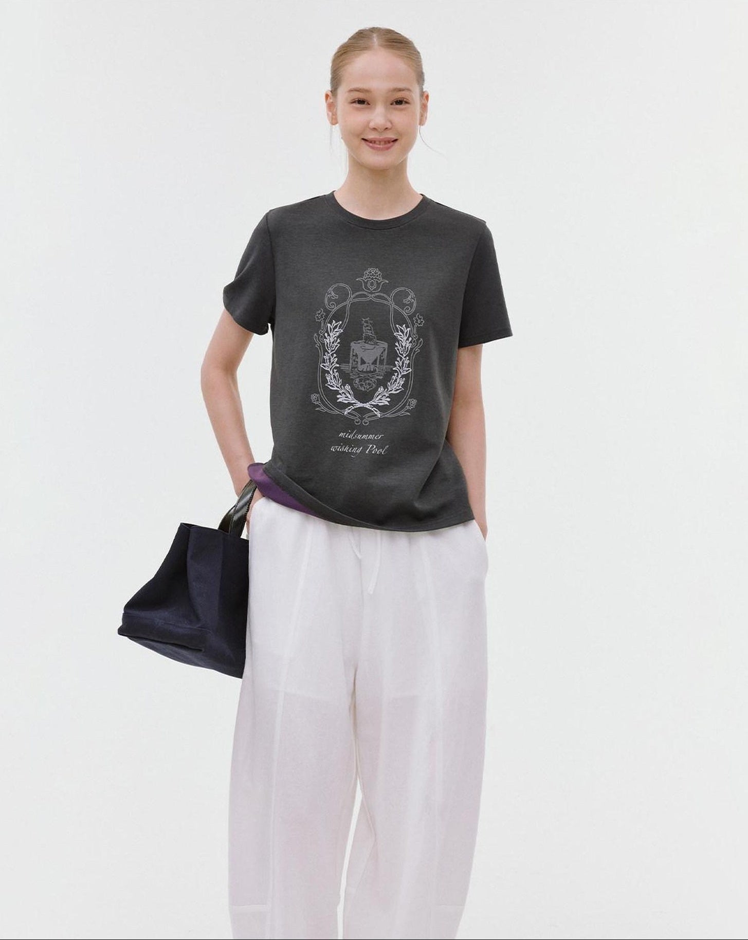 fano Soft Polycotton Korean Loose Fit Crew Neck Dark Gray Print Short Sleeve T-Shirts