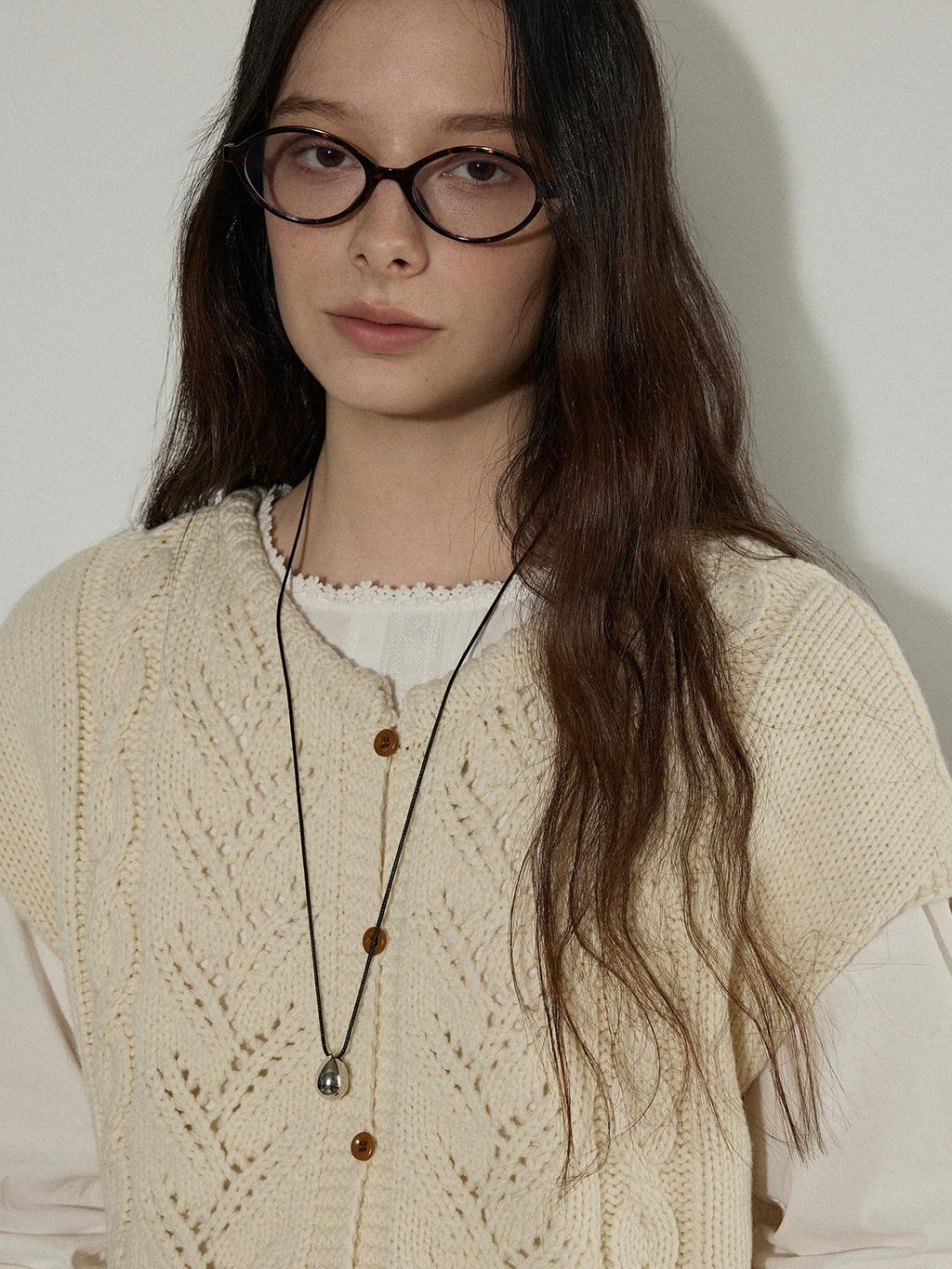 Lofi choose Versatile Openwork Short Round Neck Office Knit Women Ivory Acrylic Cardigans