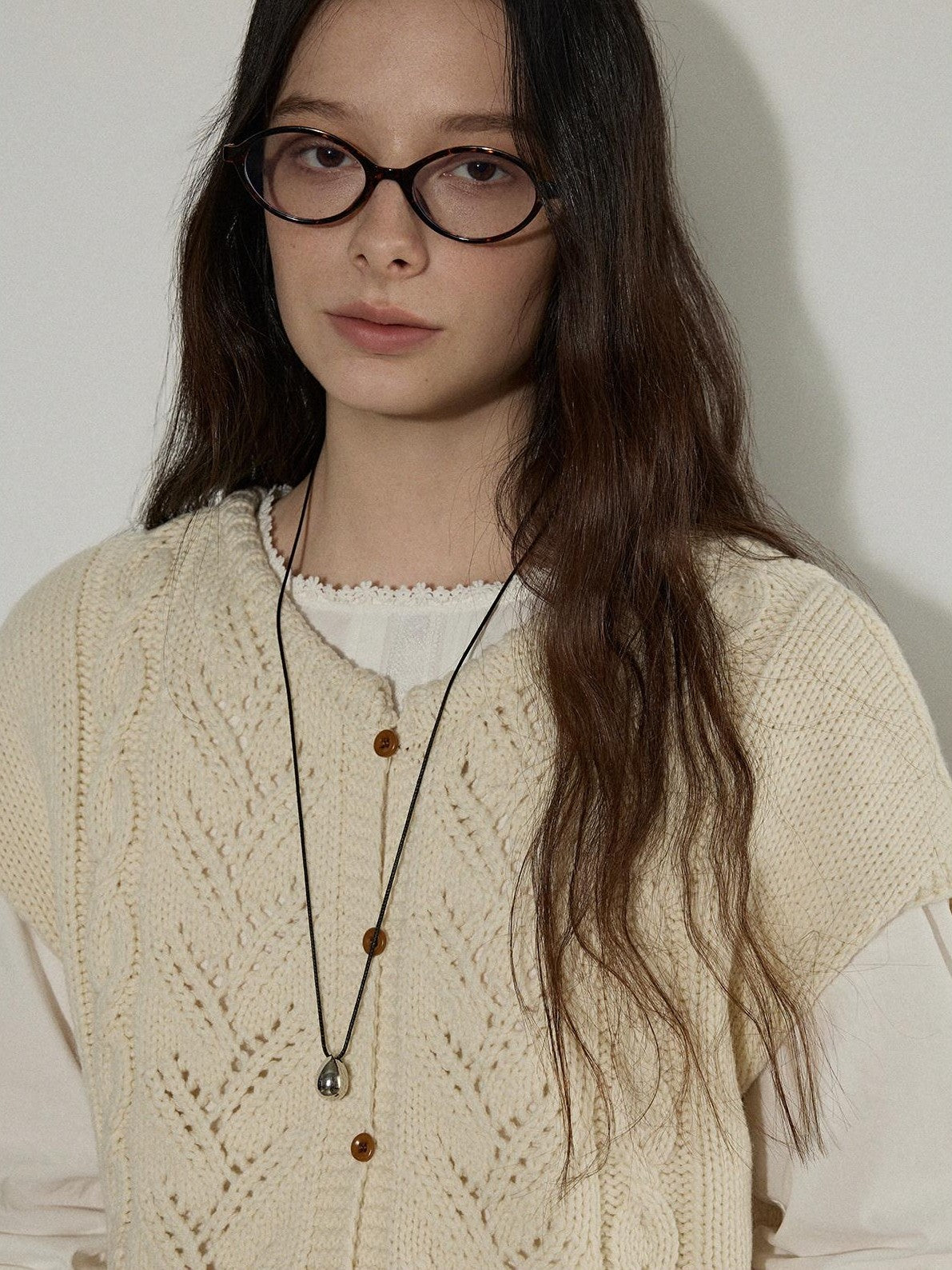Lofi choose Versatile Openwork Short Round Neck Office Knit Women Ivory Acrylic Cardigans