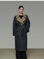 unspoken Navy Cotton Denim Double Breasted Loose Fit Commuter Women Trench Coats