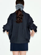 fano Vintage Black Grey Plaid Ruffle Loose Fit Viscose Zipper Women Bomber Jackets
