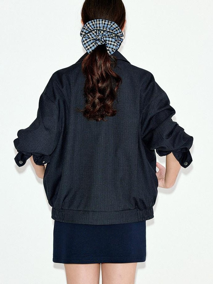 fano Vintage Black Grey Plaid Ruffle Loose Fit Viscose Zipper Women Bomber Jackets