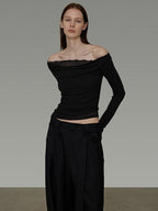 unspoken Lace Patchwork Off Shoulder Slim Fit Casual Knit Long Sleeve Black Blouses