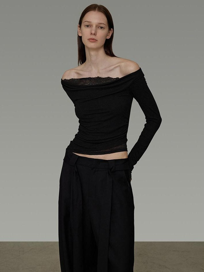 unspoken Lace Patchwork Off Shoulder Slim Fit Casual Knit Long Sleeve Black Blouses