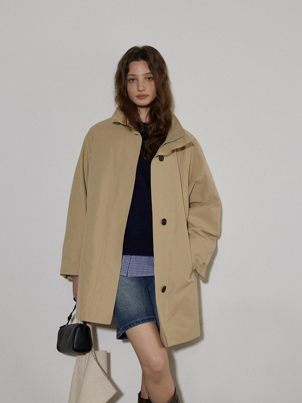 Lofi choose Office Ready Loose Fit Short Stand Collar Single Button Women Khaki Trench Coats
