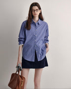 fano Skin Friendly Breathable Cotton Loose Fit Buttoned Collared Women Blue Shirts