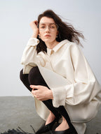audreyyang Wrinkle Resistant Minimalist Loose Fit Turn Down Collar Women Polyester Shirts