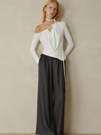 someonesometimes Soft Stretch Casual Ruffle Hem Women Heather Grey Viscose Blend Wide Leg Pants