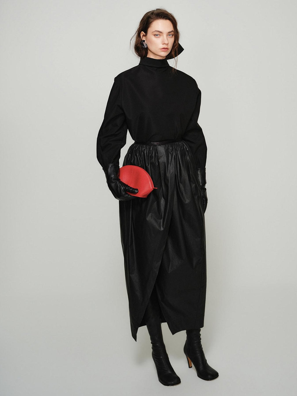 audreyyang Shape Retaining Cotton Pleated Bubble Midrise Elastic Front Slit Midi Skirts