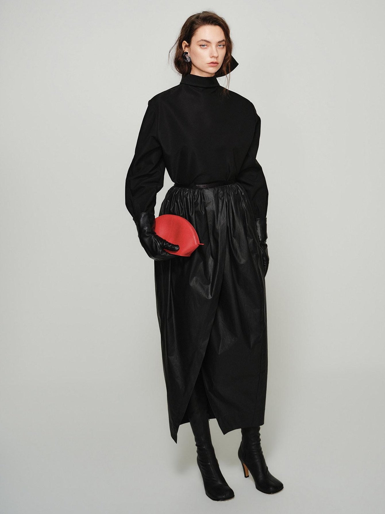 audreyyang Shape Retaining Cotton Pleated Bubble Midrise Elastic Front Slit Midi Skirts