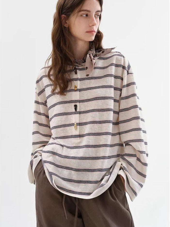 fano Cotton Blend Relaxed Loose Round Neck Women Striped Long Sleeve T-Shirts