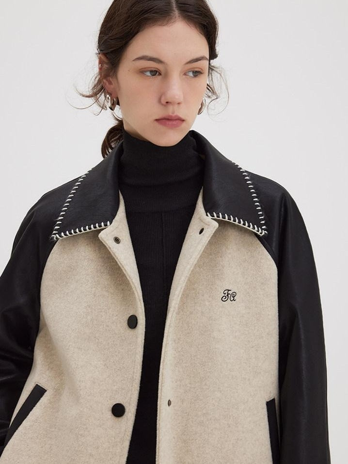 fano Shell Embroidered Commuter Loose Wool Raglan Women Colorblock Bomber Jackets
