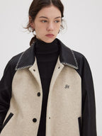 fano Shell Embroidered Commuter Loose Wool Raglan Women Colorblock Bomber Jackets