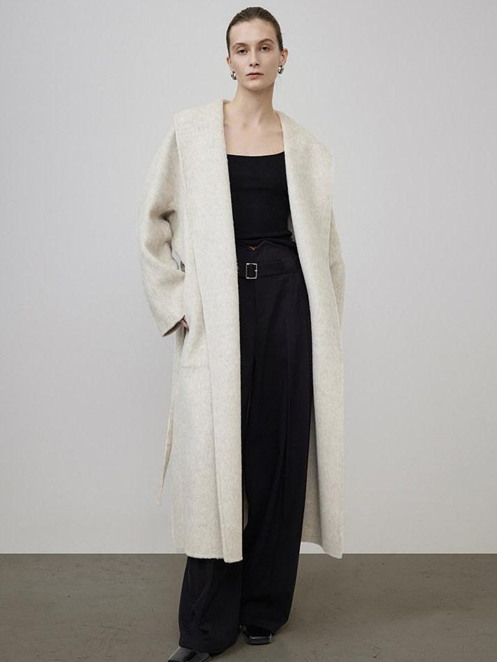 unspoken Warm Wool Rabbit Silk Blend Tie Waist Straight Cut Minimal Commuter Long Coats