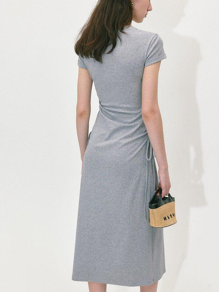 fano Soft Cotton Knit High Waist A Line Button Mock Neck Midi Dresses