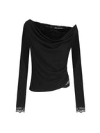 unspoken Lace Patchwork Off Shoulder Slim Fit Casual Knit Long Sleeve Black Blouses