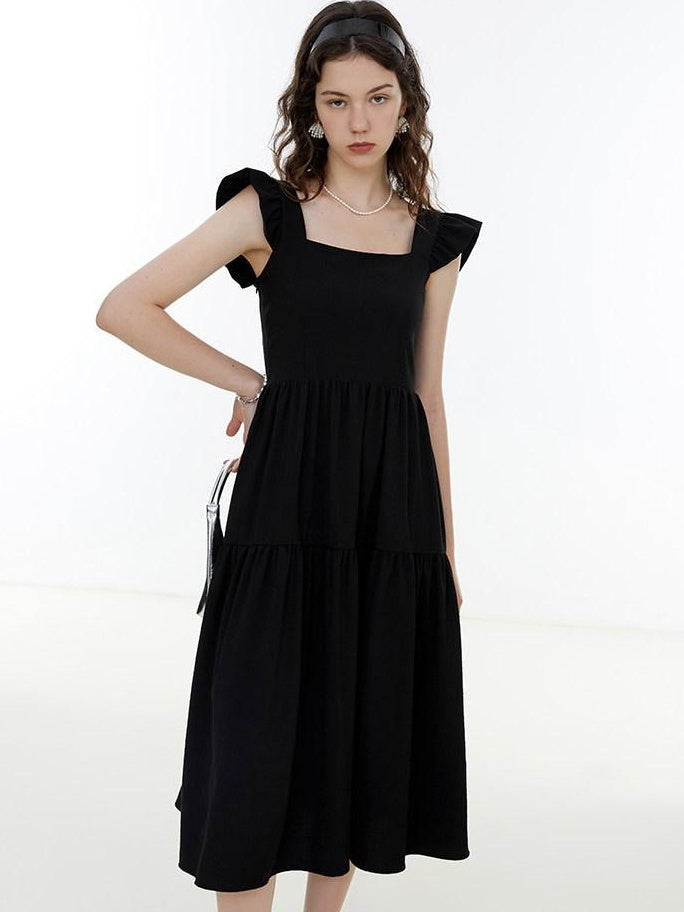 fano High Waist Ruffle A Line Square Neck Office Casual Maxi Dresses