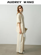 audreyyang Pure Linen Commuter Loose Fit Short Sleeve V-neck Women White Blazers