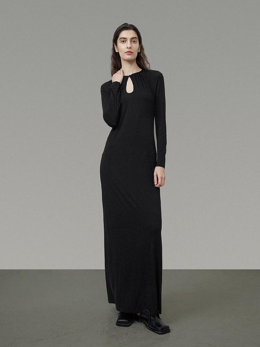 unspoken Waist Cinch Commuter Long Sleeve Drop Neck Black Womens Hline Maxi Dresses