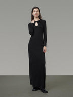 unspoken Waist Cinch Commuter Long Sleeve Drop Neck Black Womens Hline Maxi Dresses