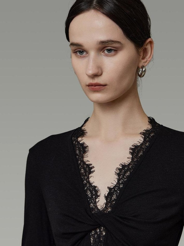 unspoken Lyocell Knit Lace Trim Fitted Waist Minimal Commuter V-neck Maxi Dresses