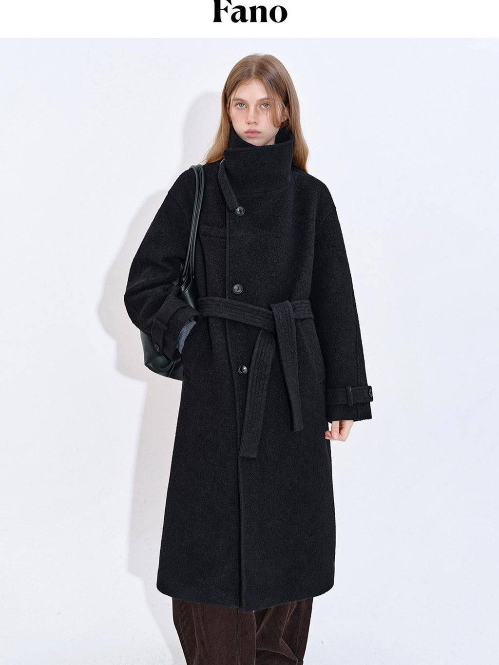 fano Premium Wool Blend Long Notch Collar Relaxed Black Korean Women Wool Coats