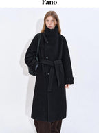 fano Premium Wool Blend Long Notch Collar Relaxed Black Korean Women Wool Coats