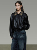 unspoken Commuter Loose Cropped Colorblock Patchwork Lapel Zipper Leather Jackets