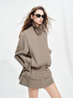 audreyyang Ruched Cotton Mid Length Zip Elastic Hem Long Sleeve Women Gray Cropped Jackets
