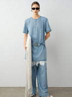 audreyyang Washed Tencel Micro Stretch Straight Fit Denim Blue Casual Short Sleeve T-Shirts