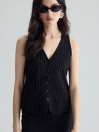 audreyyang Padded V-neck Striped Cropped Commuter Strap Women Black Single Button Vests